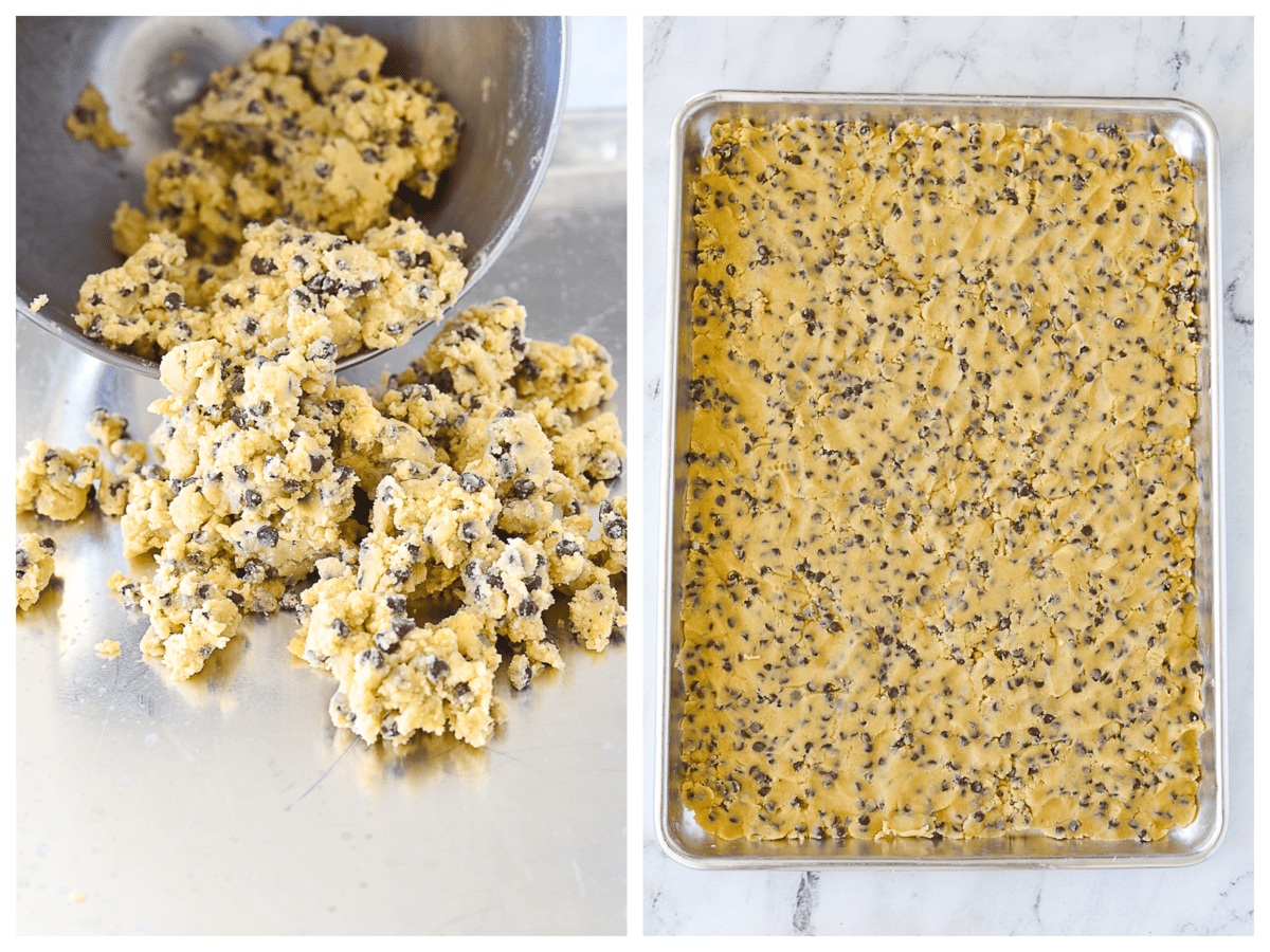 chocolate chip cookie brittle dough on sheet pan
