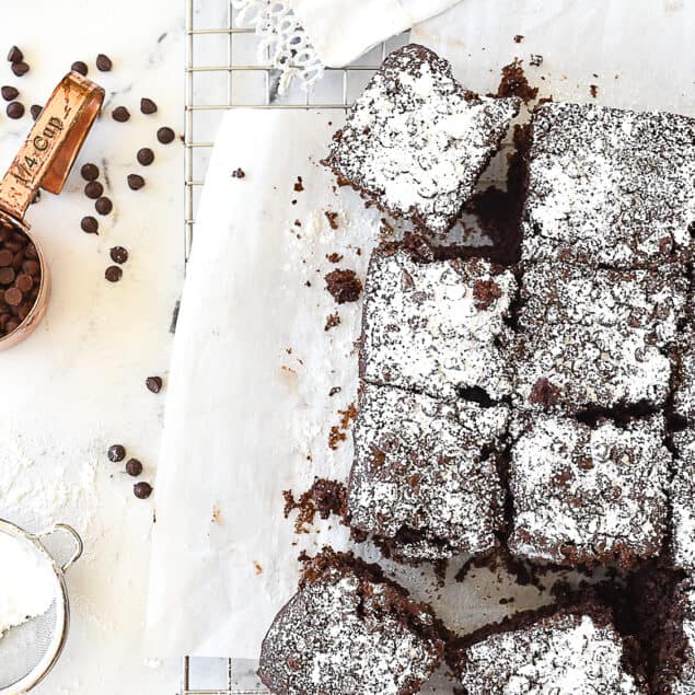 overhead shot of chocolate snack cake on cooling rack