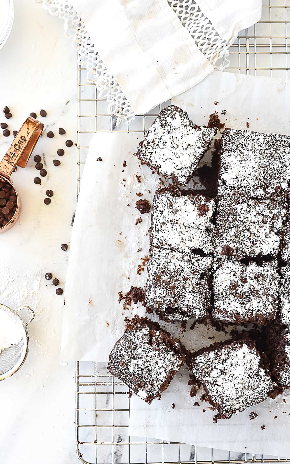 overhead shot of chocolate snack cake on cooling rack