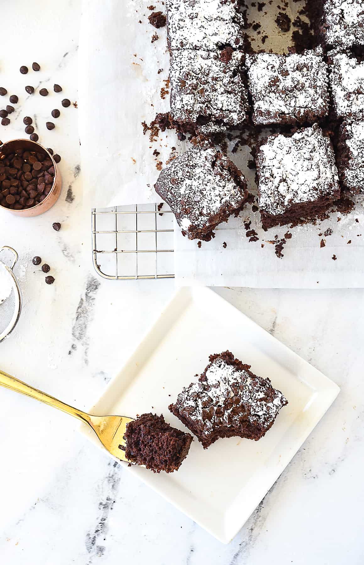 overhead shot of a piece or chocolate snack cake