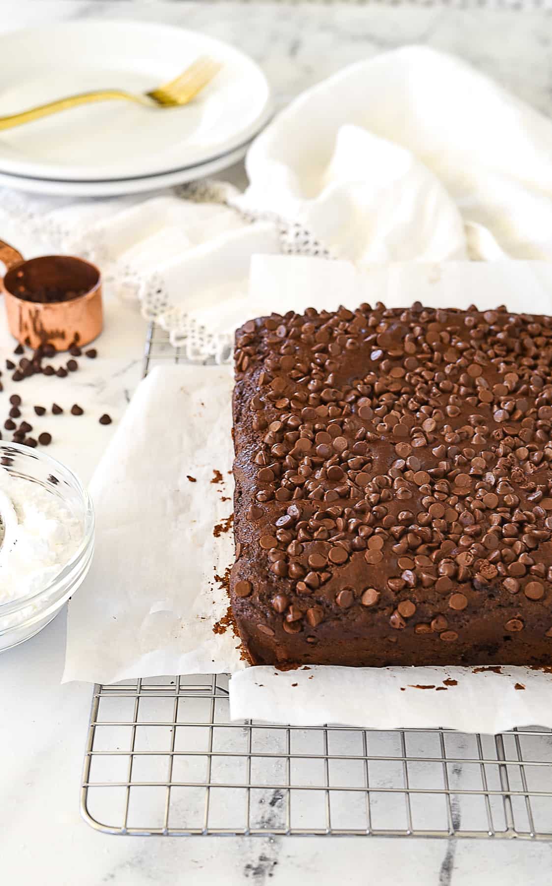 chocolate snack cake cooling on wire rack