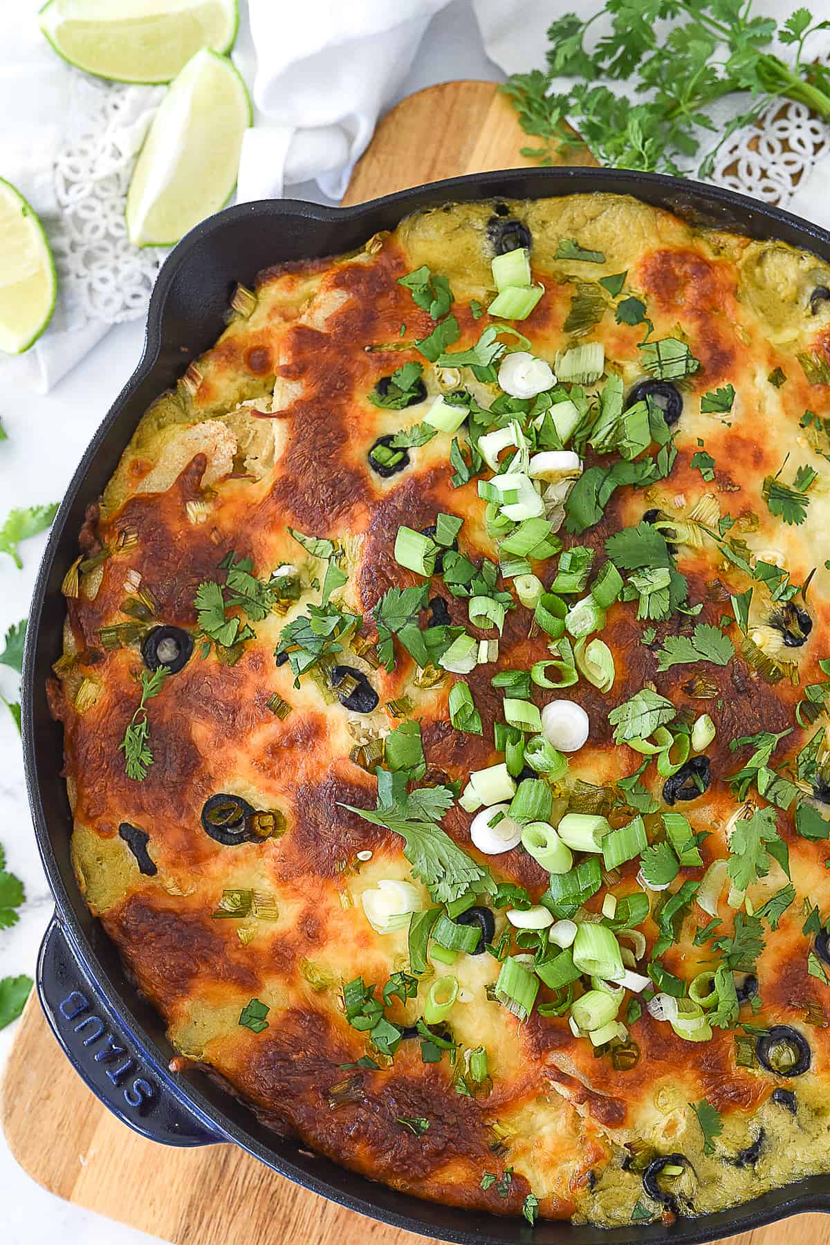 overhead shot of green chili chicken casserole