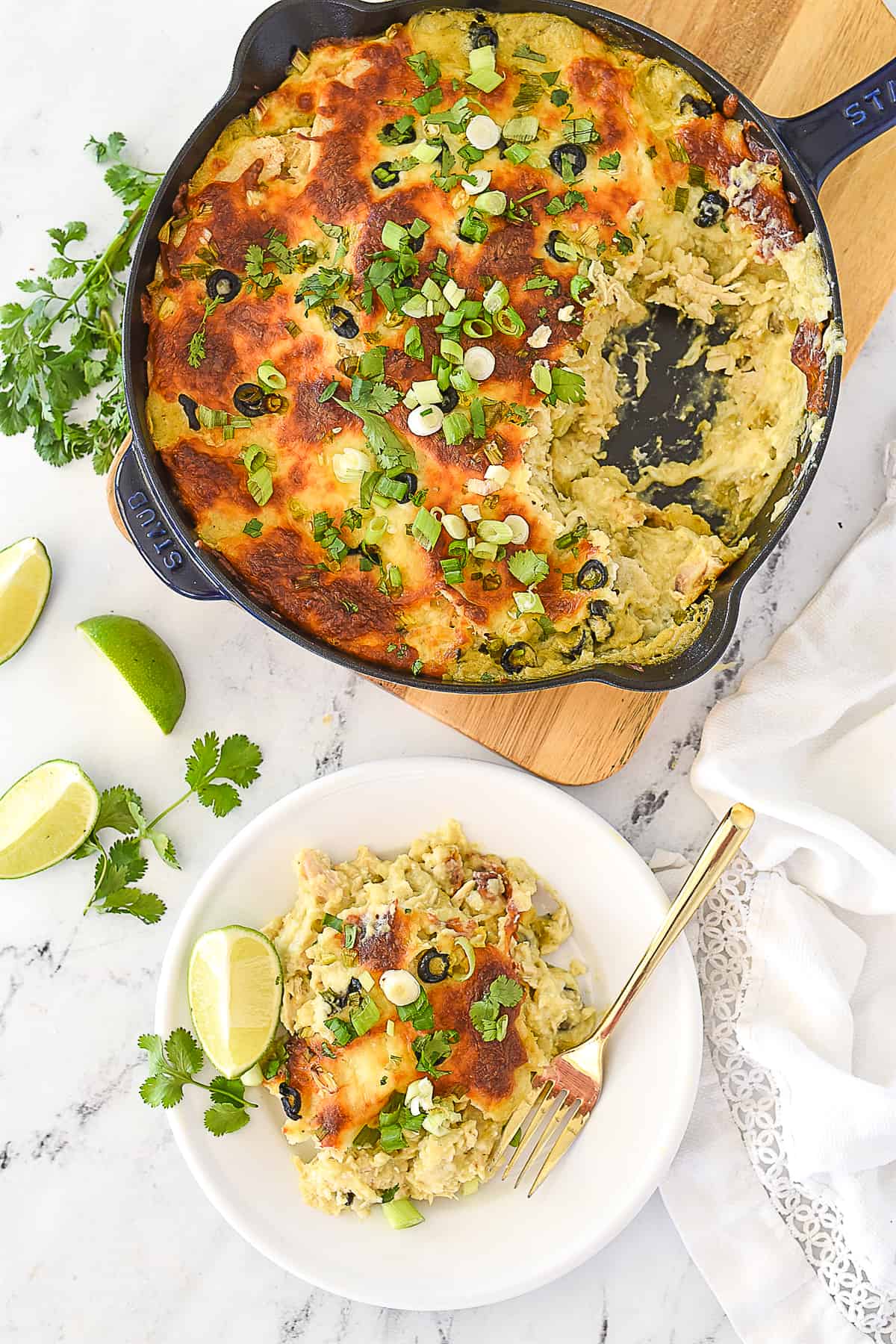 overhead shot of green chili chicken casserole