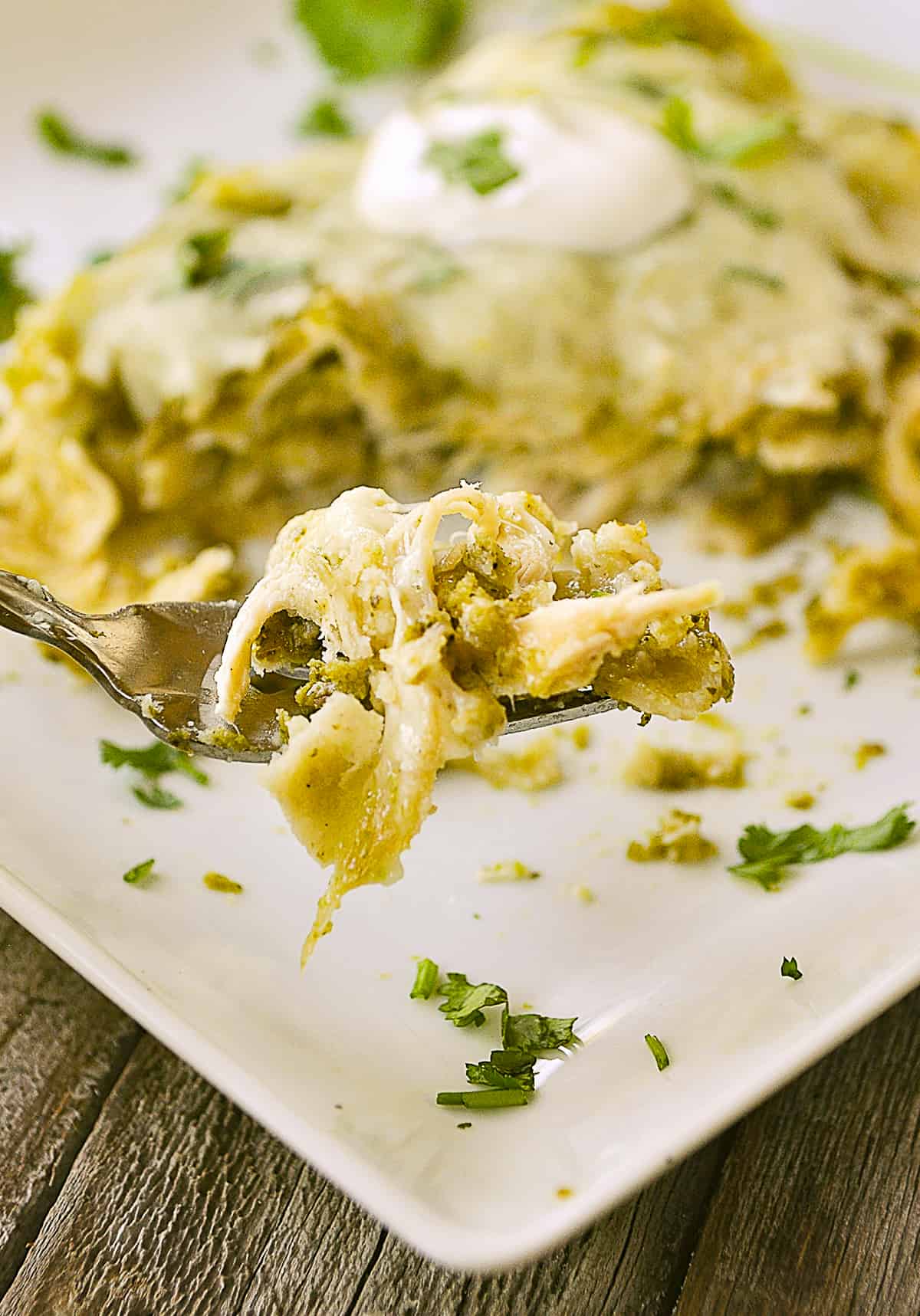 fork full of green chili enchilada