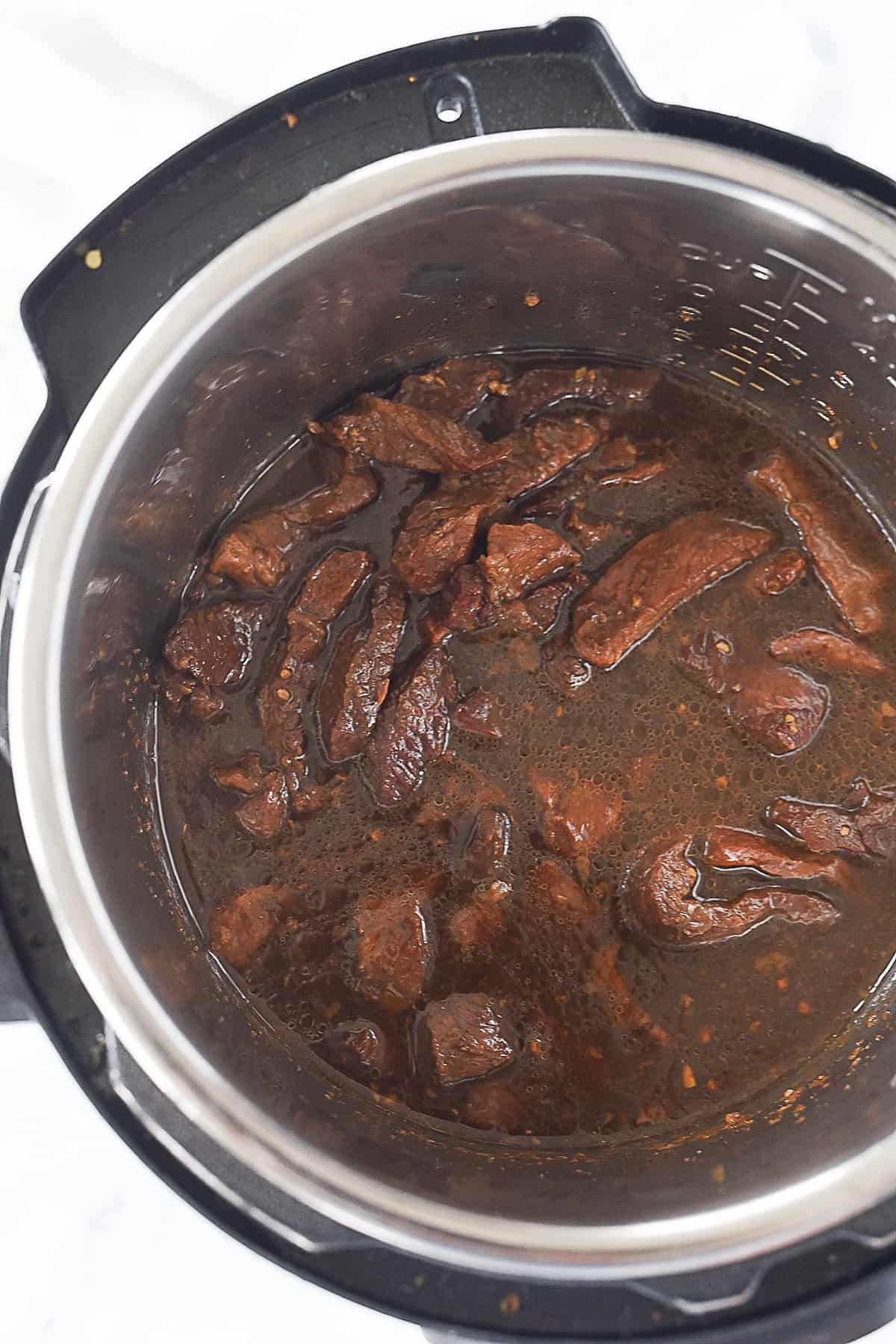 overhead shot of meat in instant Pot