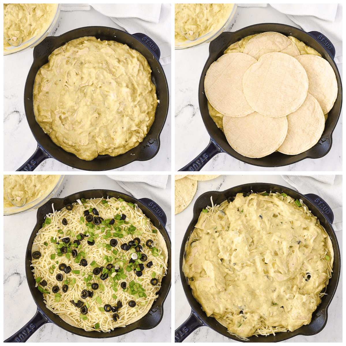 collage of process of making green chili chicken casserole