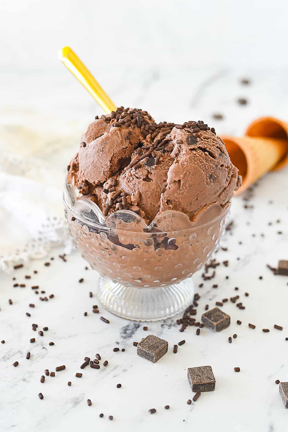 bowl of chocolate ice cream with chocolate sprinkles on top
