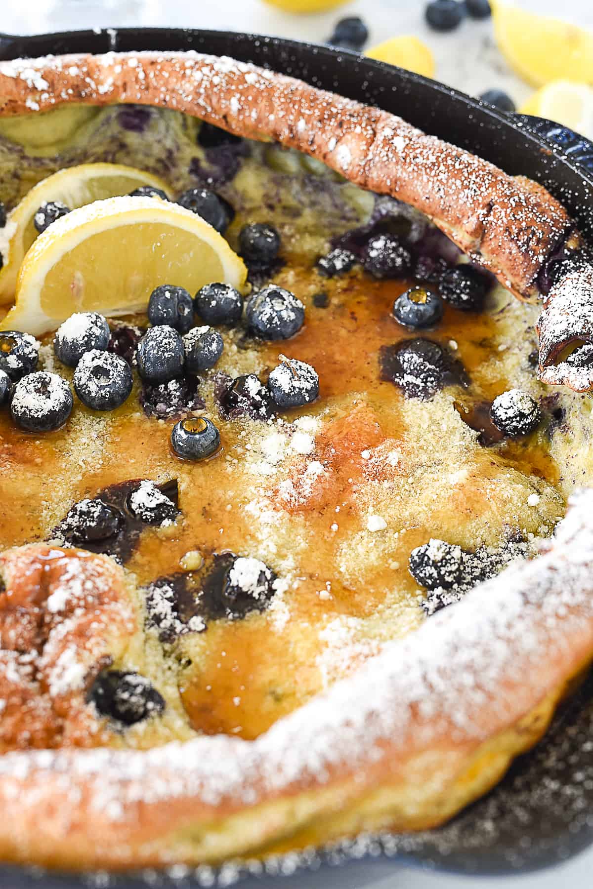 close up of lemon blueberry dutch baby