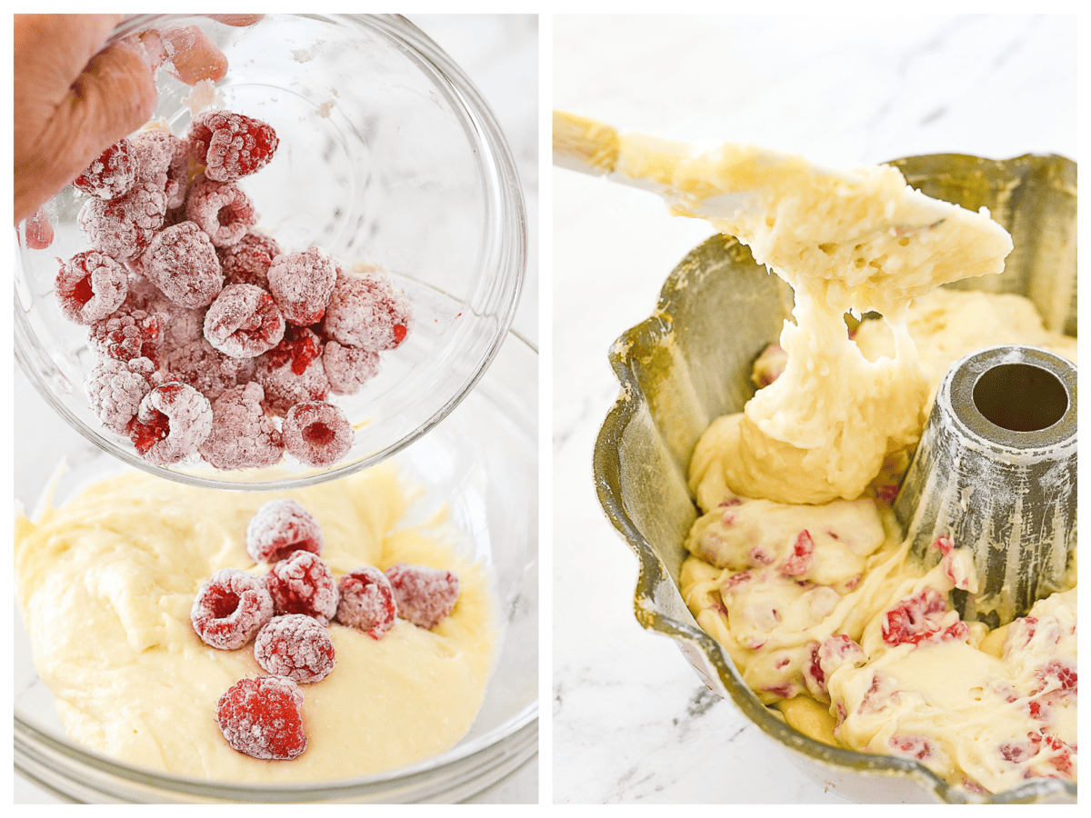 adding raspberries to bundt cake