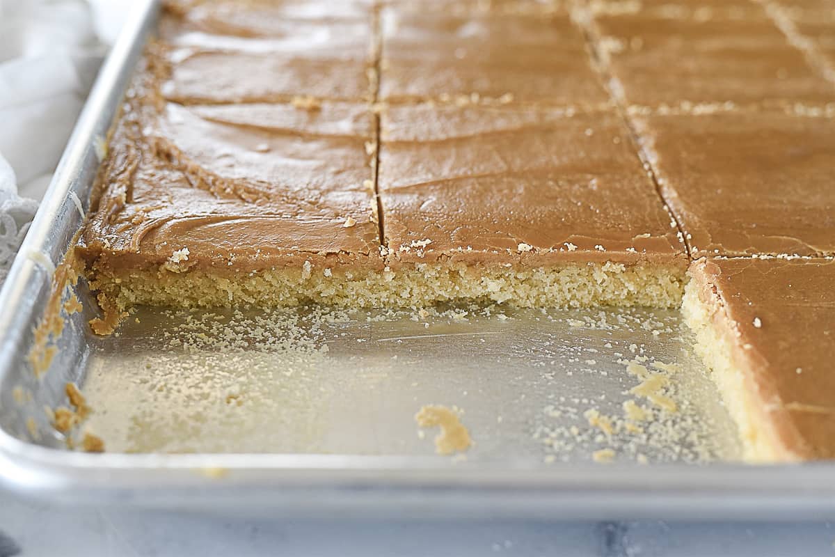 side view of a caramel sheet cake