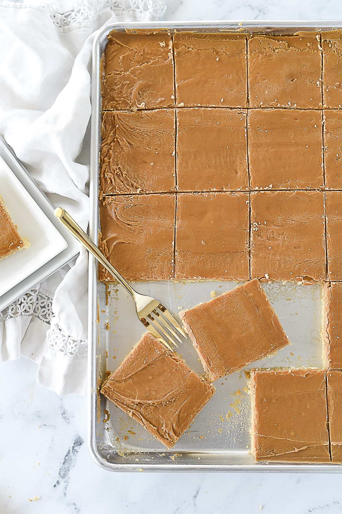 overhead shot of caramel sheet cake