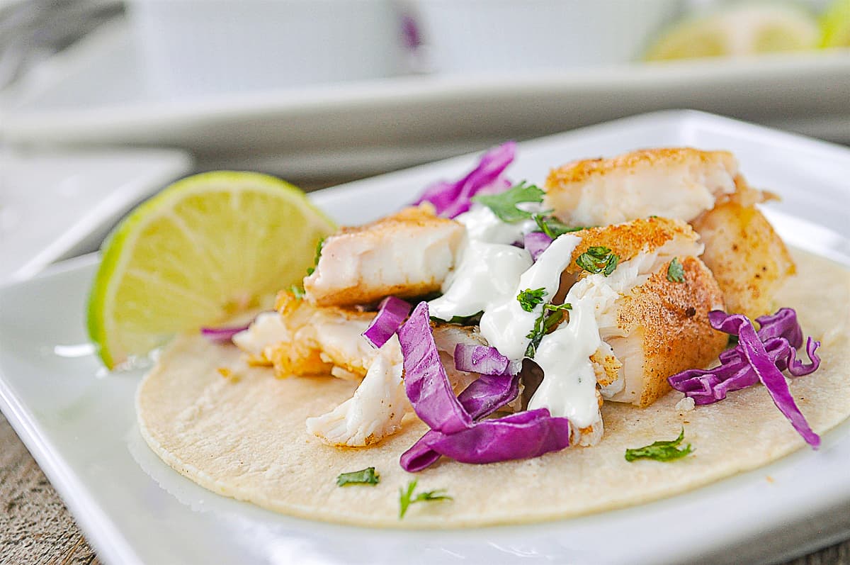 fish taco on a white plate