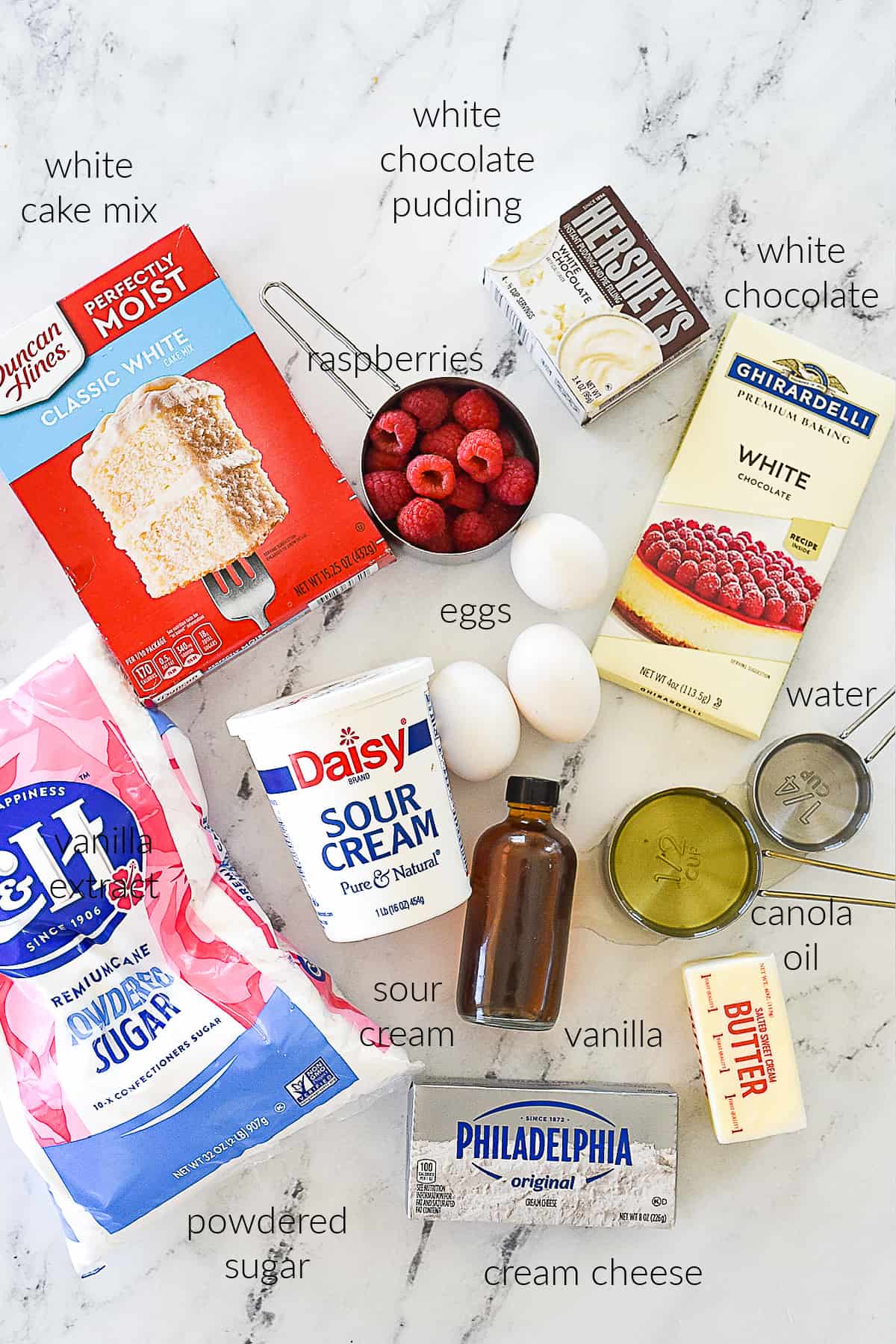 ingredients for white chocolate raspberry bundt cake