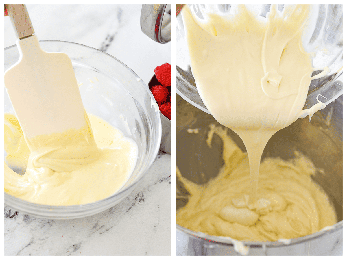 melting white chocolate and adding to cake batter