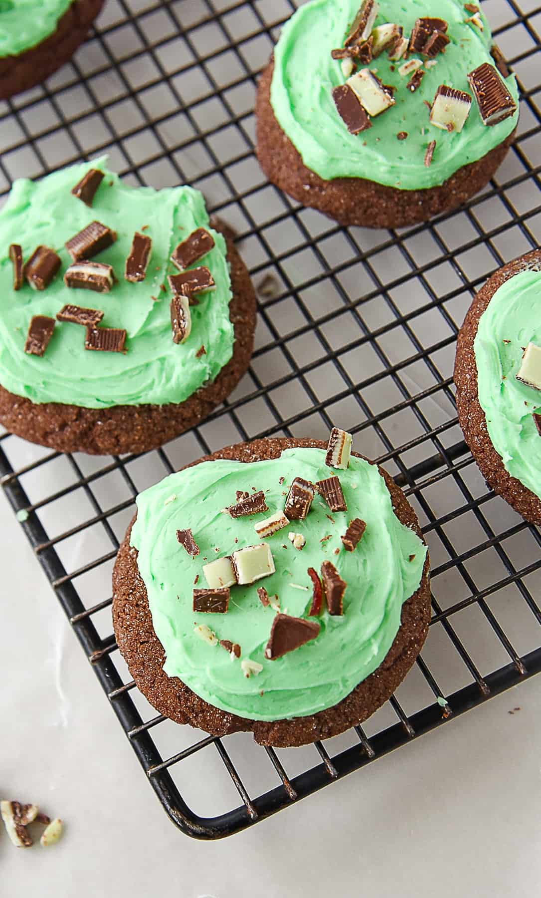 chocolate mint cookies on a cooling rack