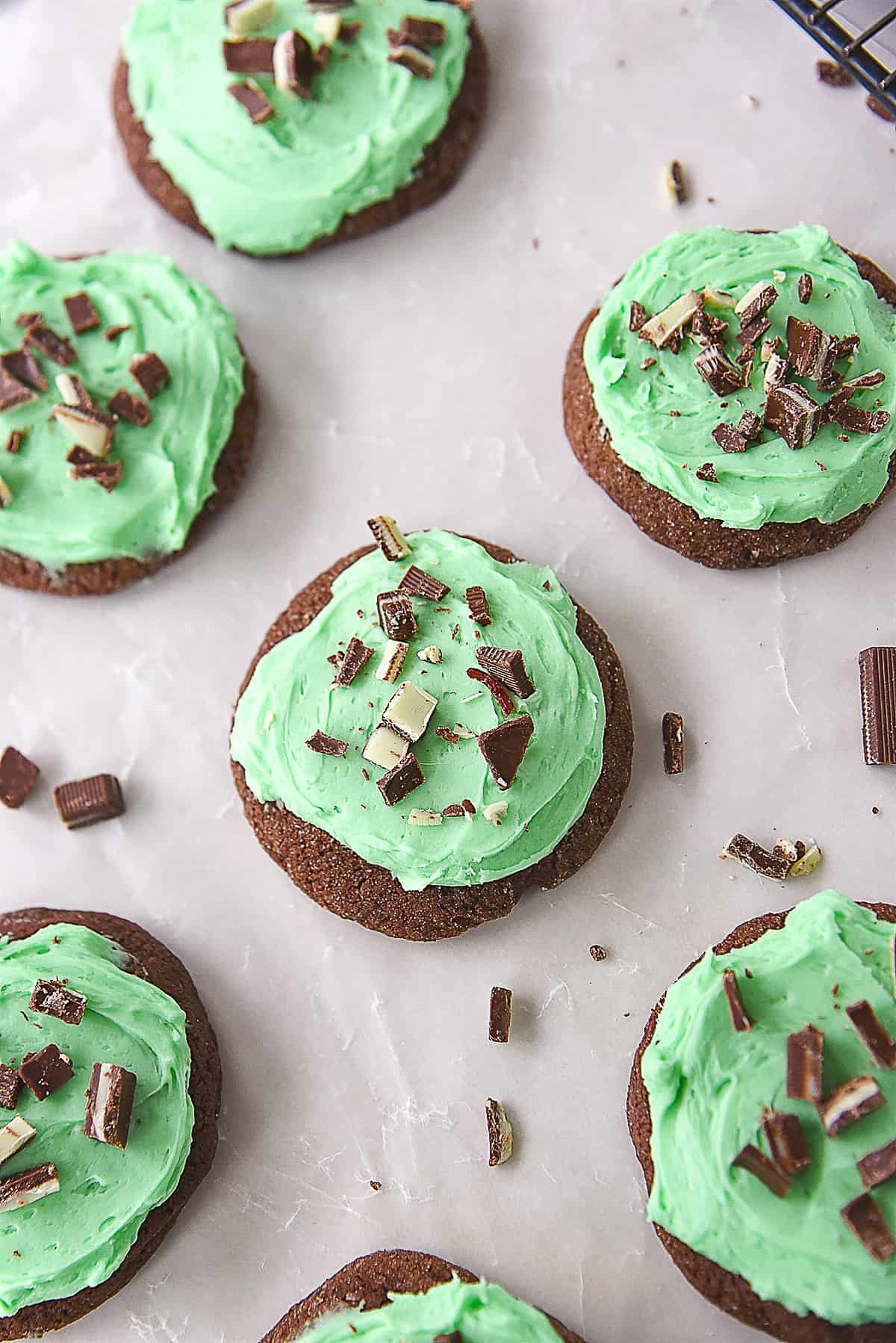 overhead shot of frosted chocolate mint cookies