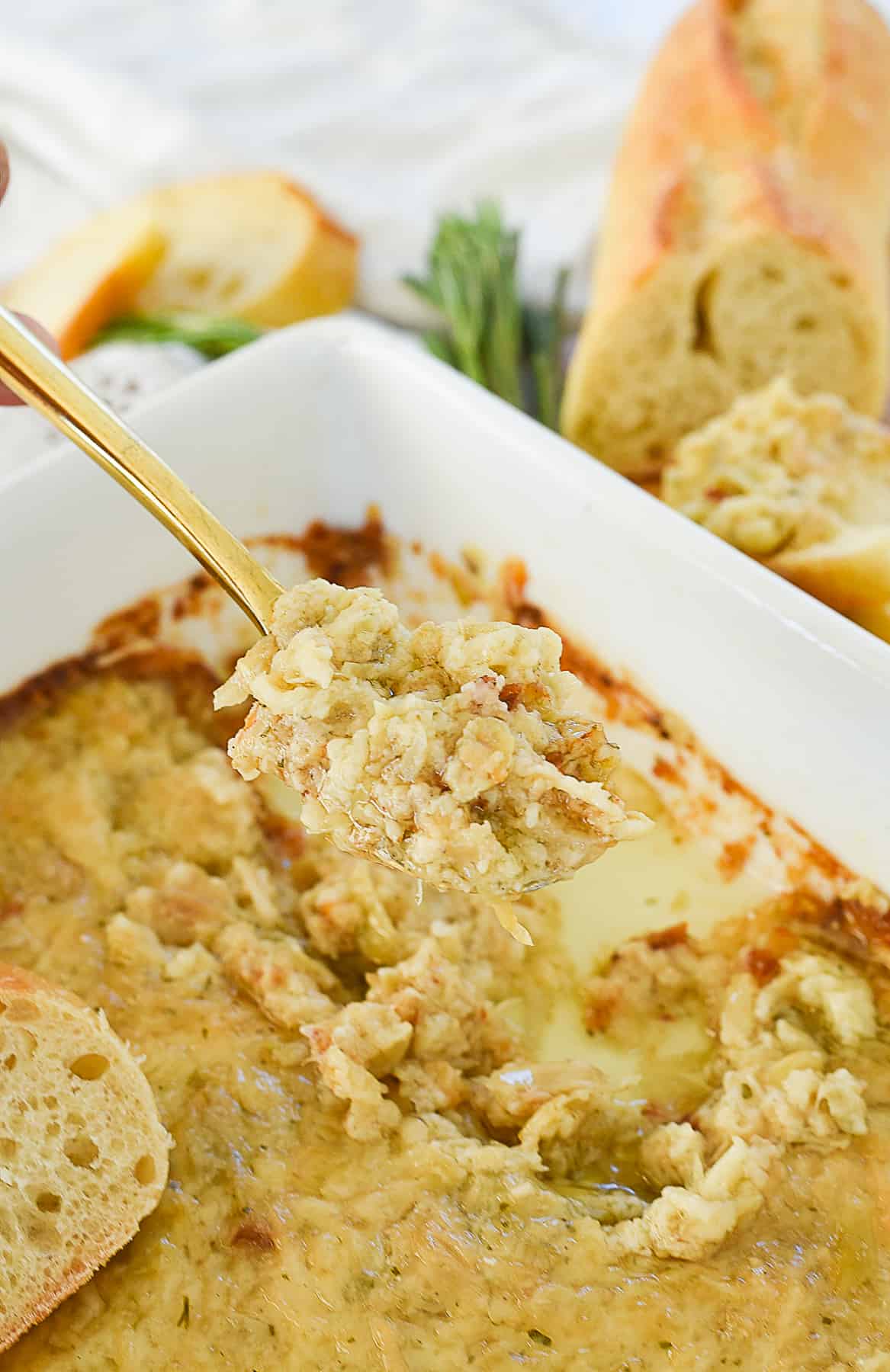 spoonful of roasted garlic artichoke dip