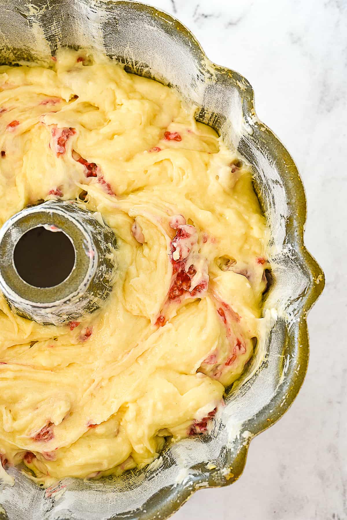 swirled batter in cake pan