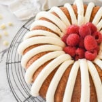 overhead shot of white chocolate raspberry bundt cake