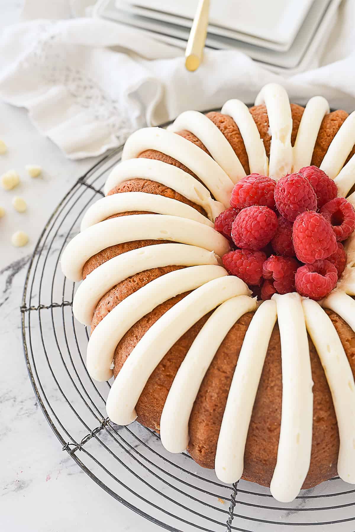 overhead shot of white chocolate raspberry bundt cake