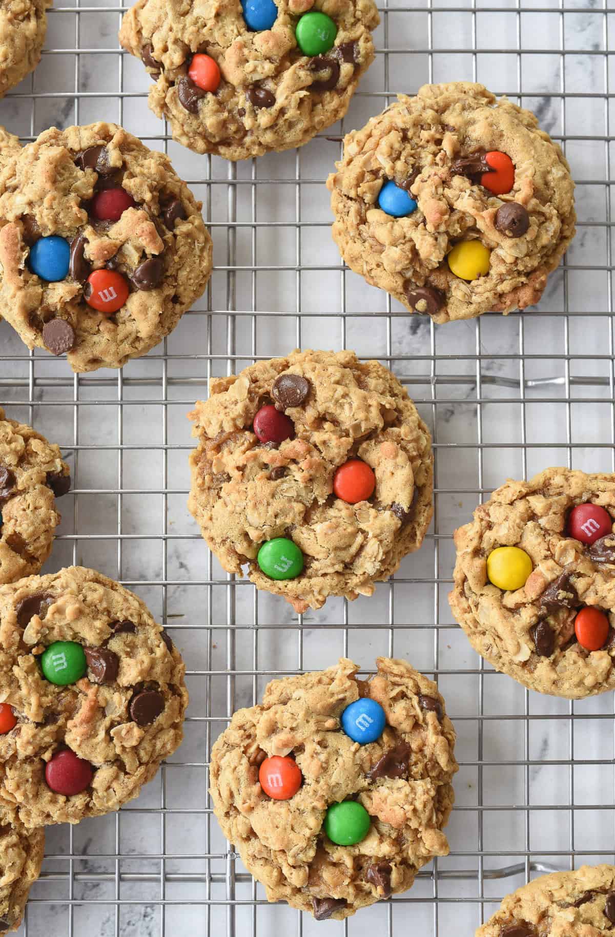 Monster Cookies overhead shot of monster cookies on a cooling rack