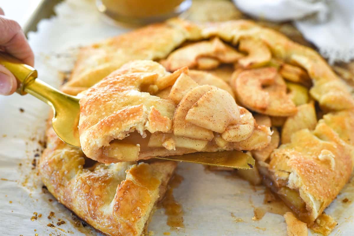 slice of apple galette on a pie server