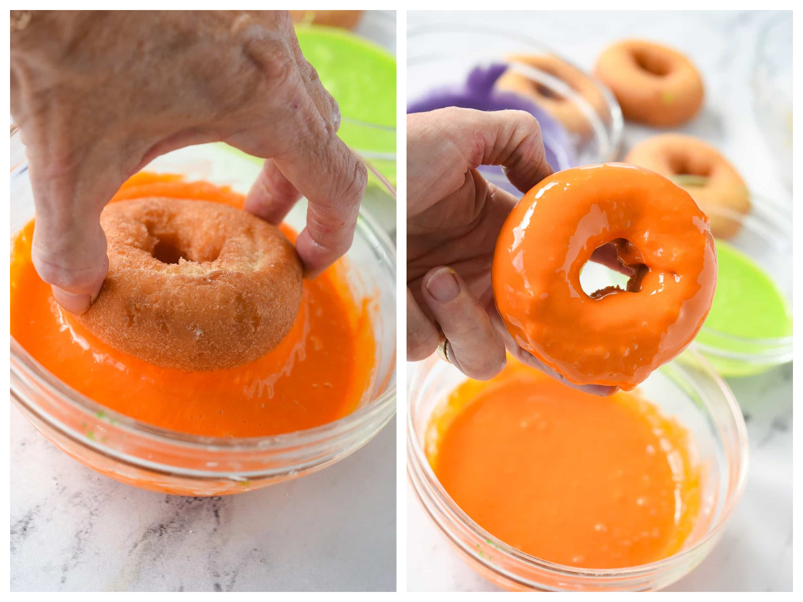 hand dipping a donut into orange glaze