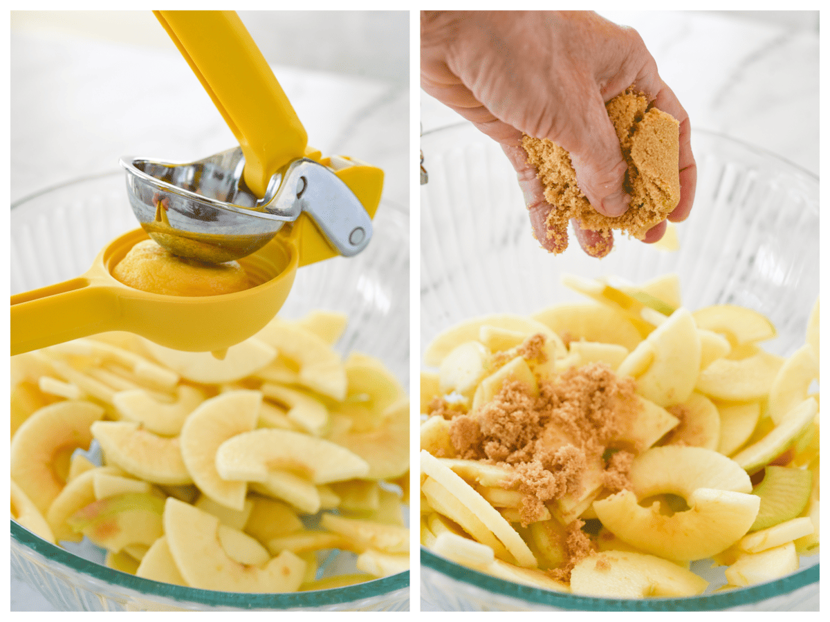 adding sugar and lemon juice to sliced apples.