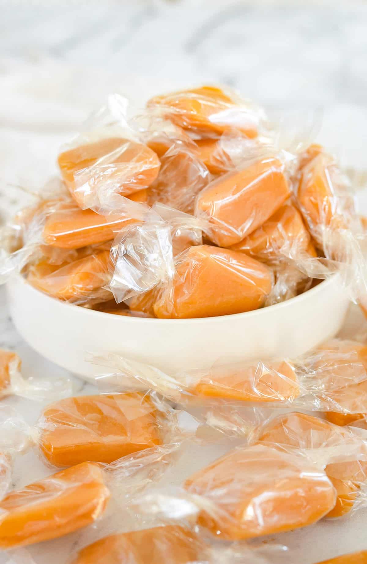 bowl of homemade caramels