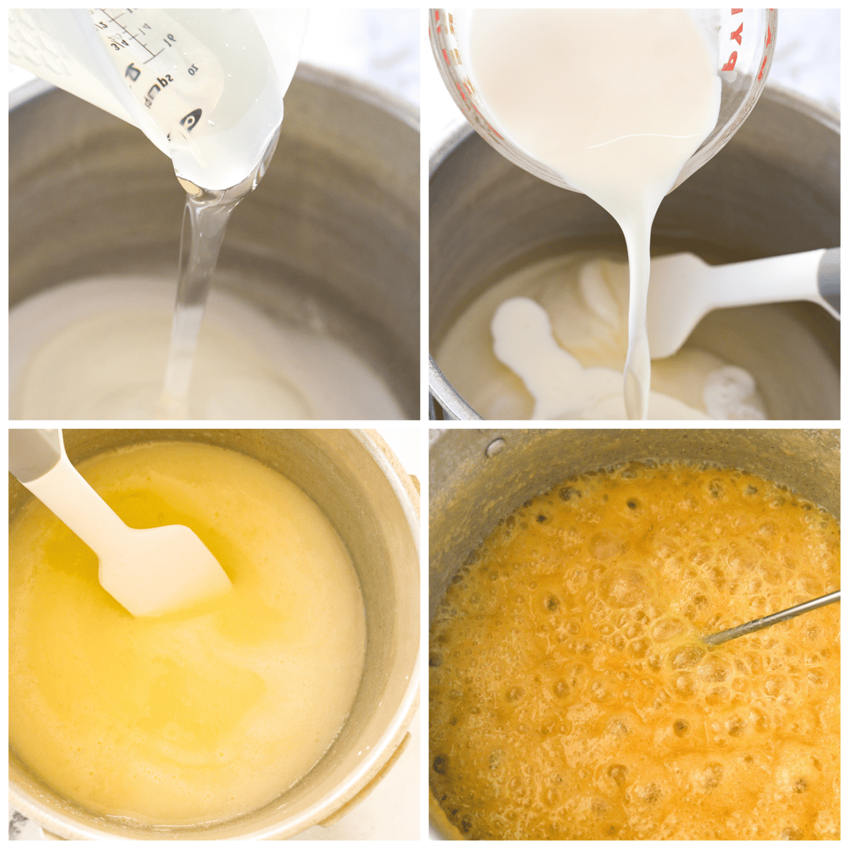 pouring milk into caramels and boiling