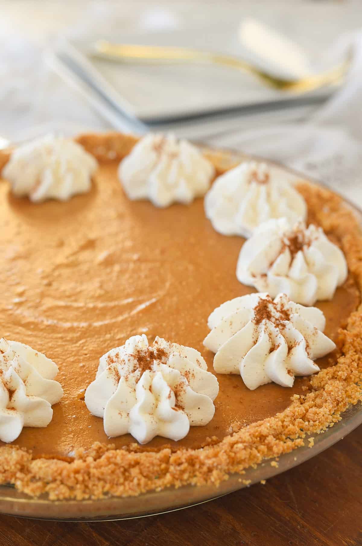 view of pumpkin pie with whipped cream on top