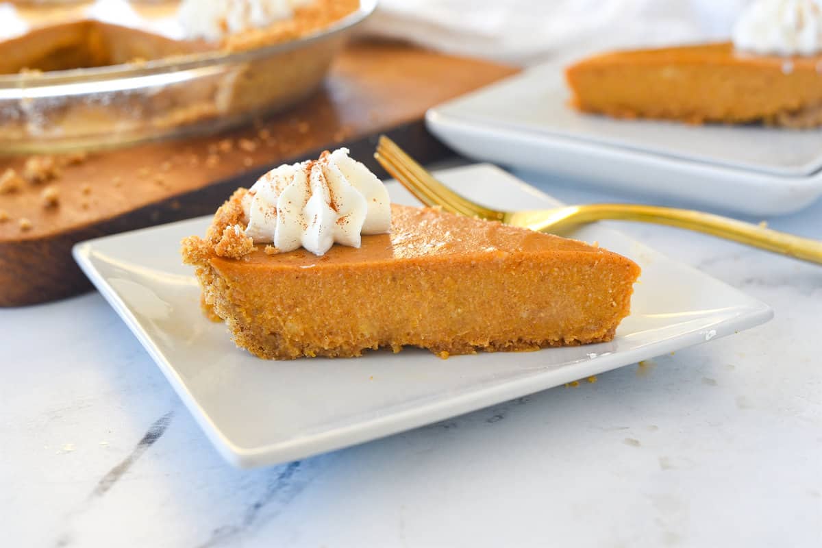 slice of no bake pumpkin pie on a plate