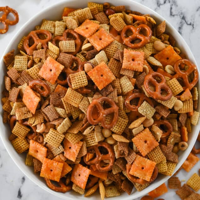 overhead shot of chex mix in a bowl