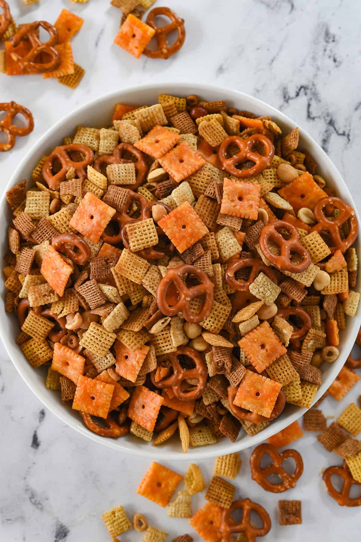 overhead shot of chex mix in a bowl
