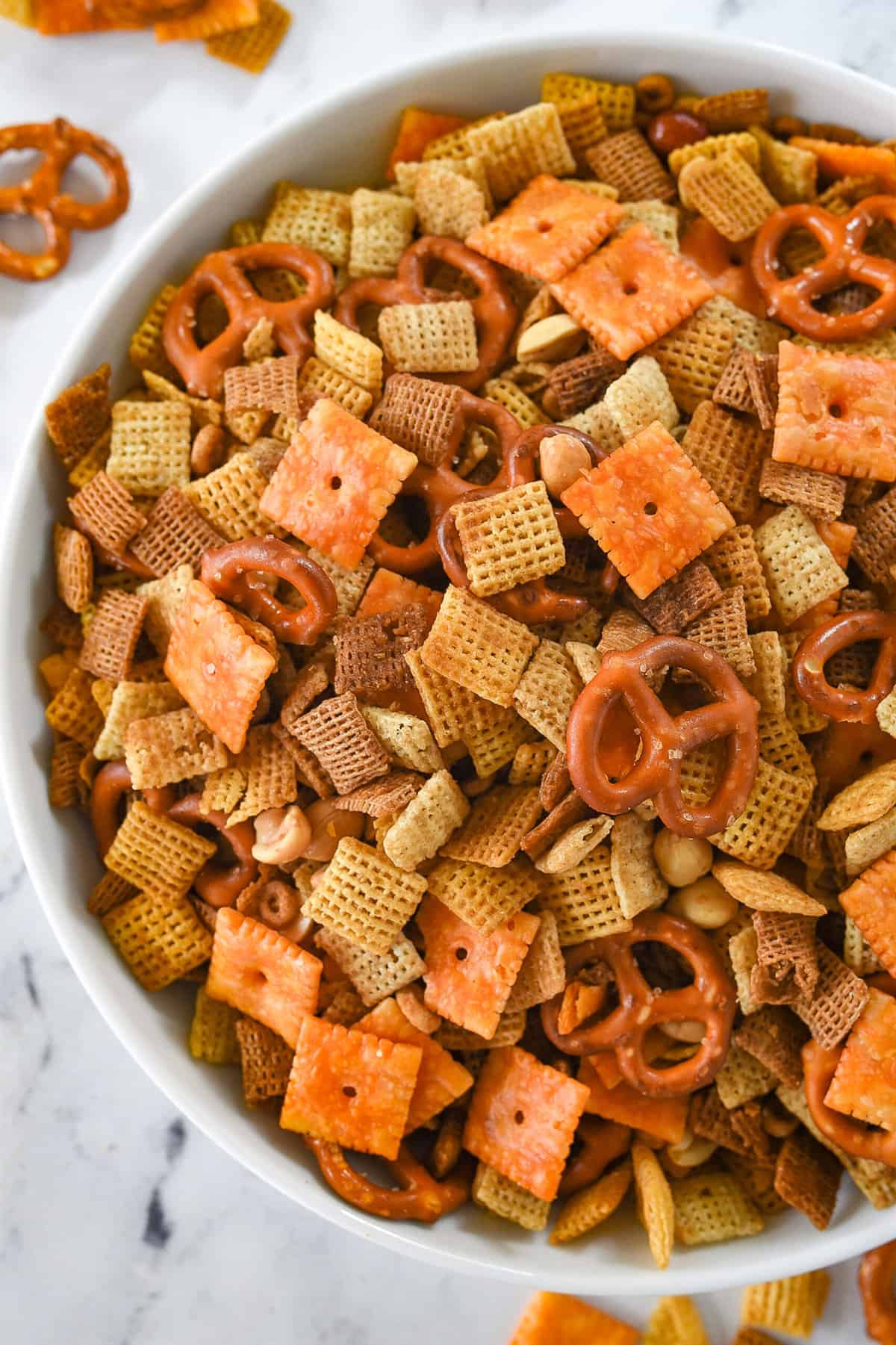 overhead shot of a white bowl full of chex mis