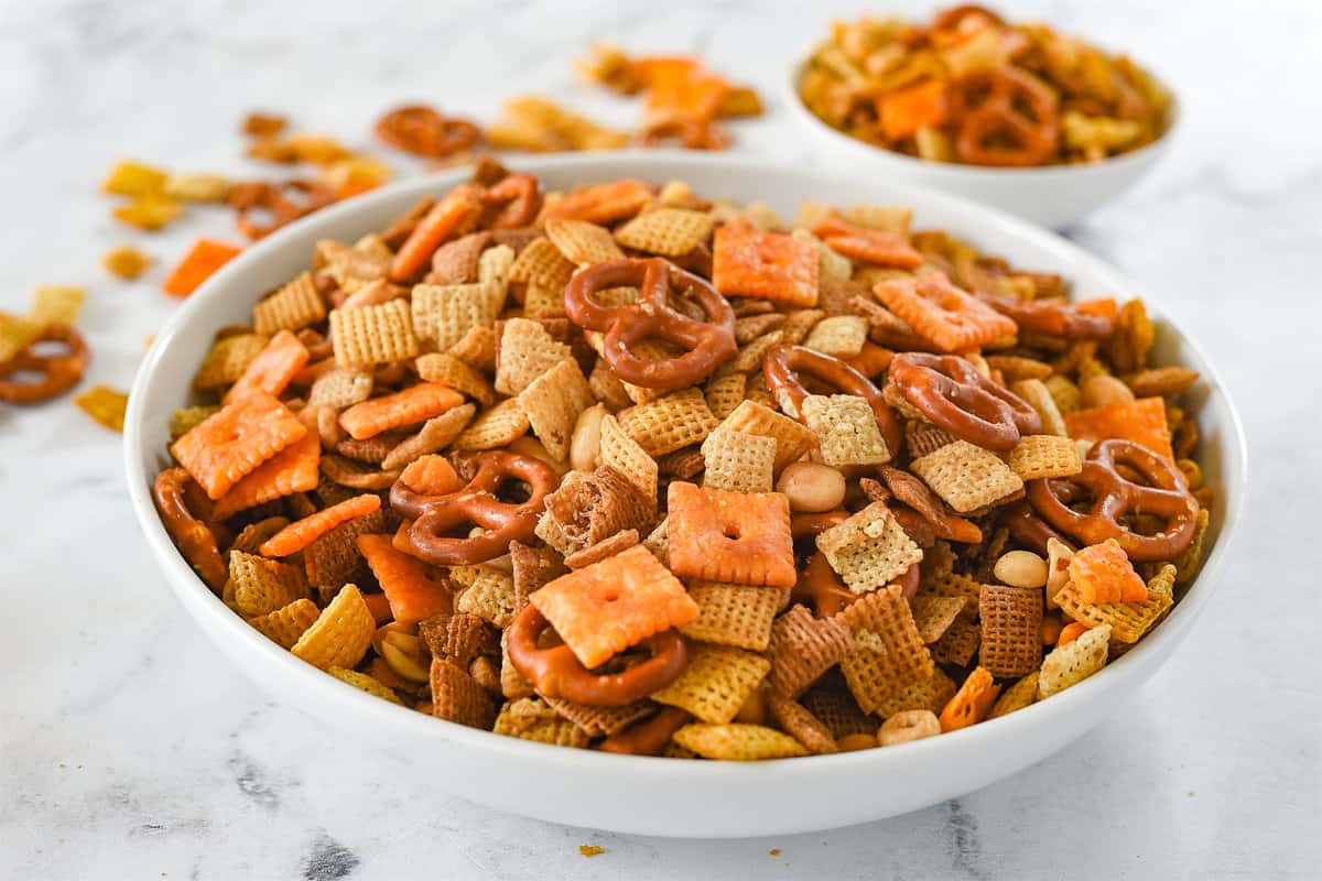 bowl of chex mix on the counter
