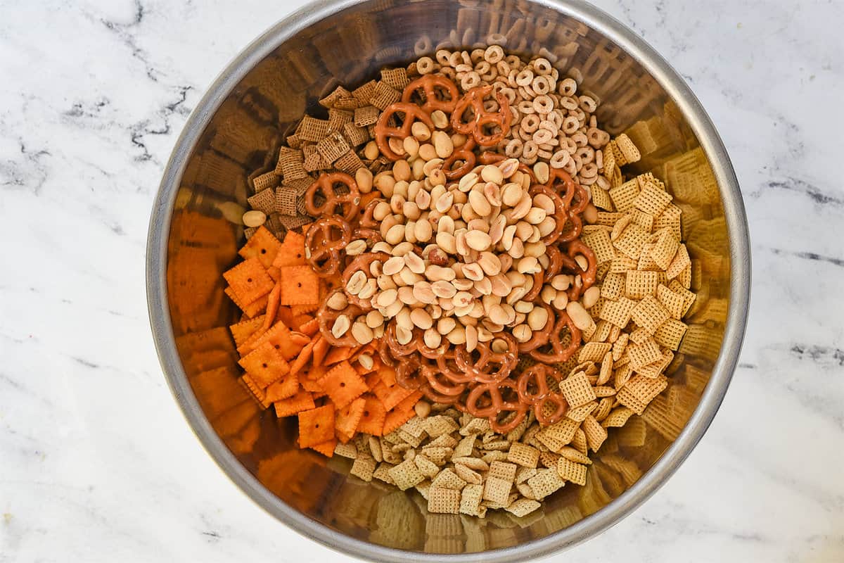 bowl of chex mix ingredients
