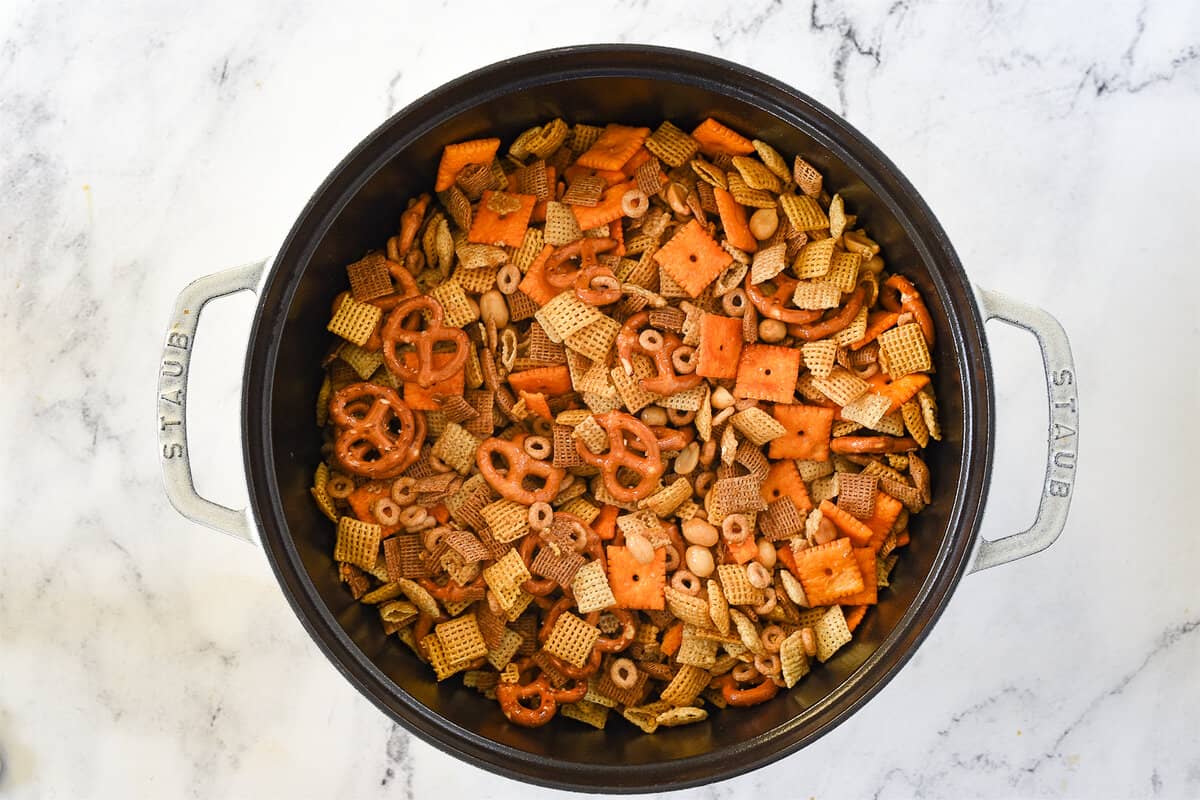 chex mix in a dutch oven