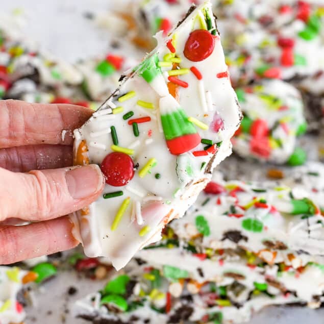 hand holding a piece of christmas cookie bark