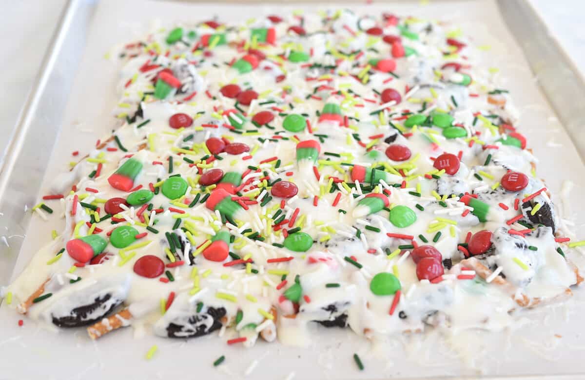 cookie bark drying on baking sheet