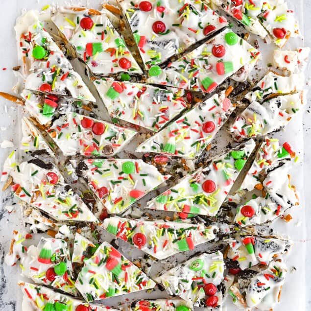 overhead shot of broken christmas cookie bark