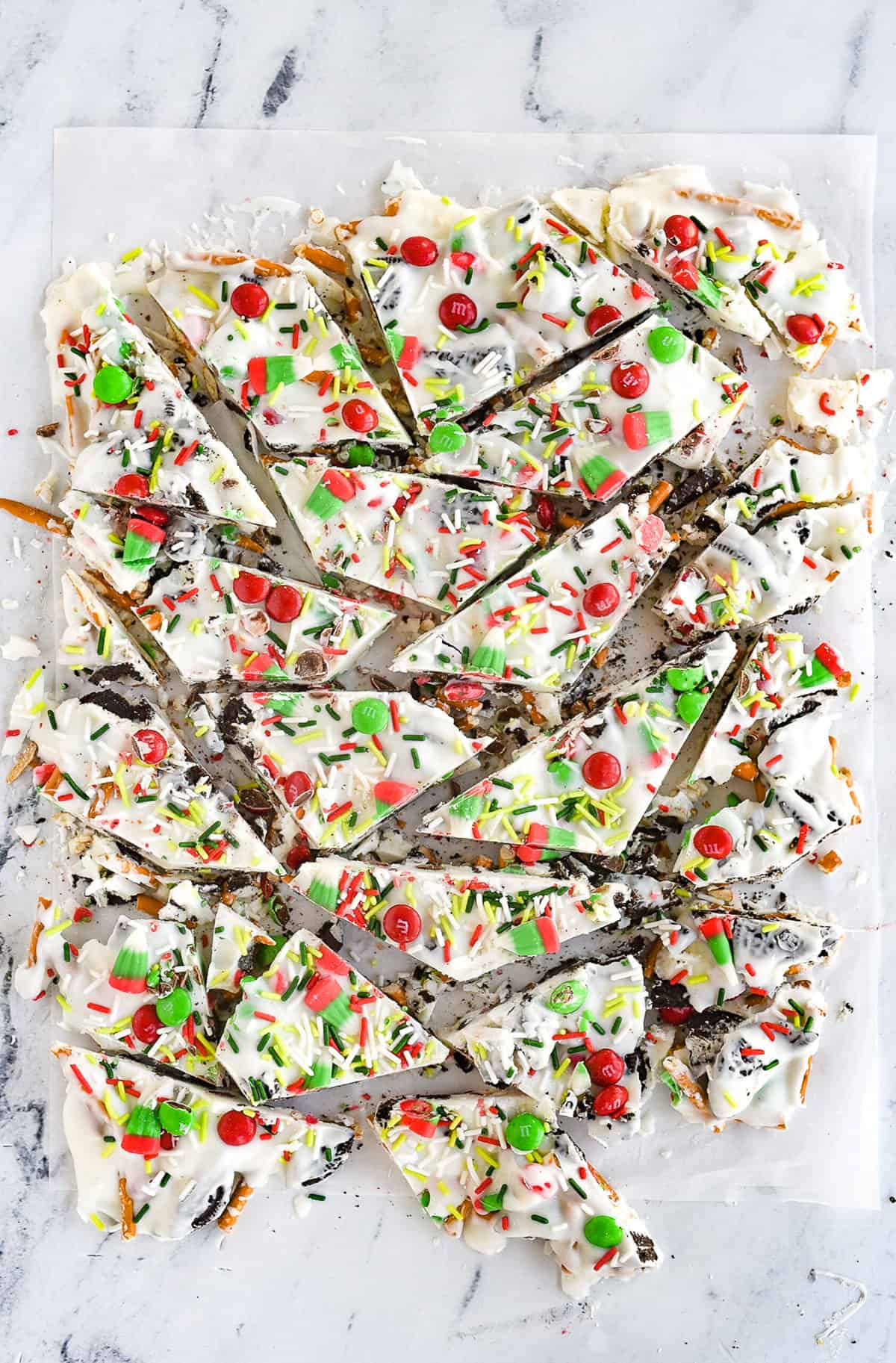 overhead shot of broken christmas cookie bark