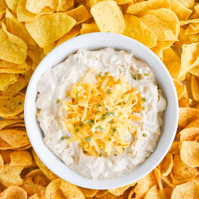 overhead shot of fiesta ranch dip in a bowl