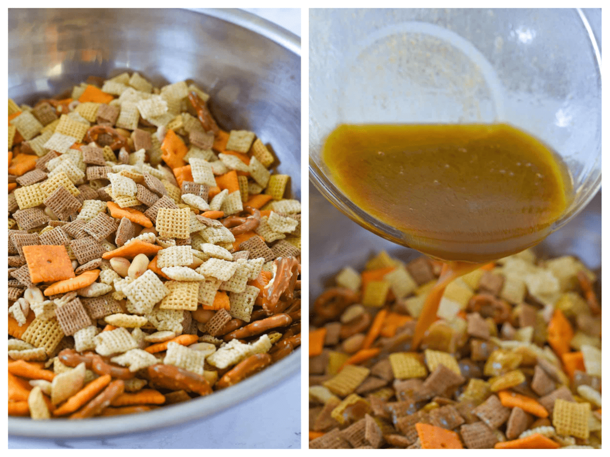 adding melted butter to chex mix
