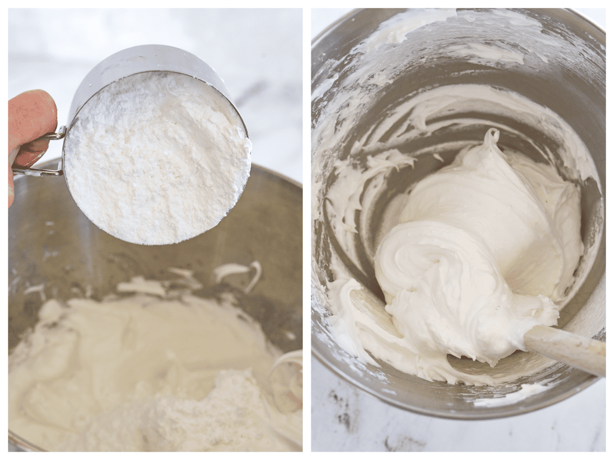 adding powdered sugar into meringue