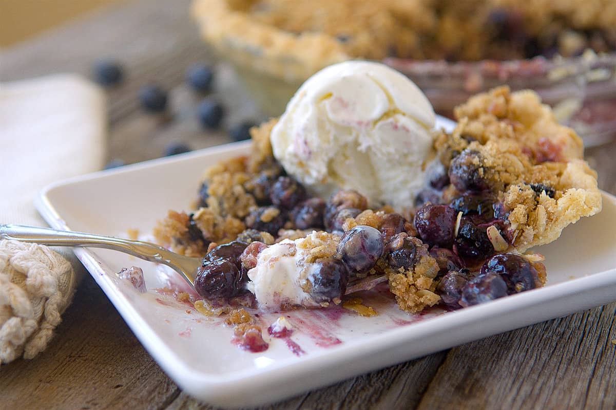 fork full of blueberry pie and ice cream on a plate