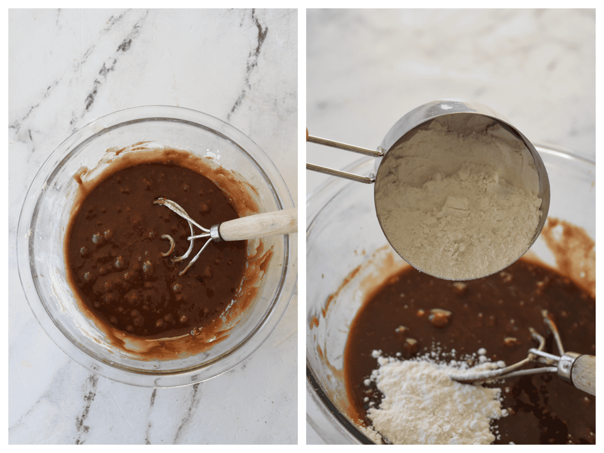 adding flour into chocolate mixture
