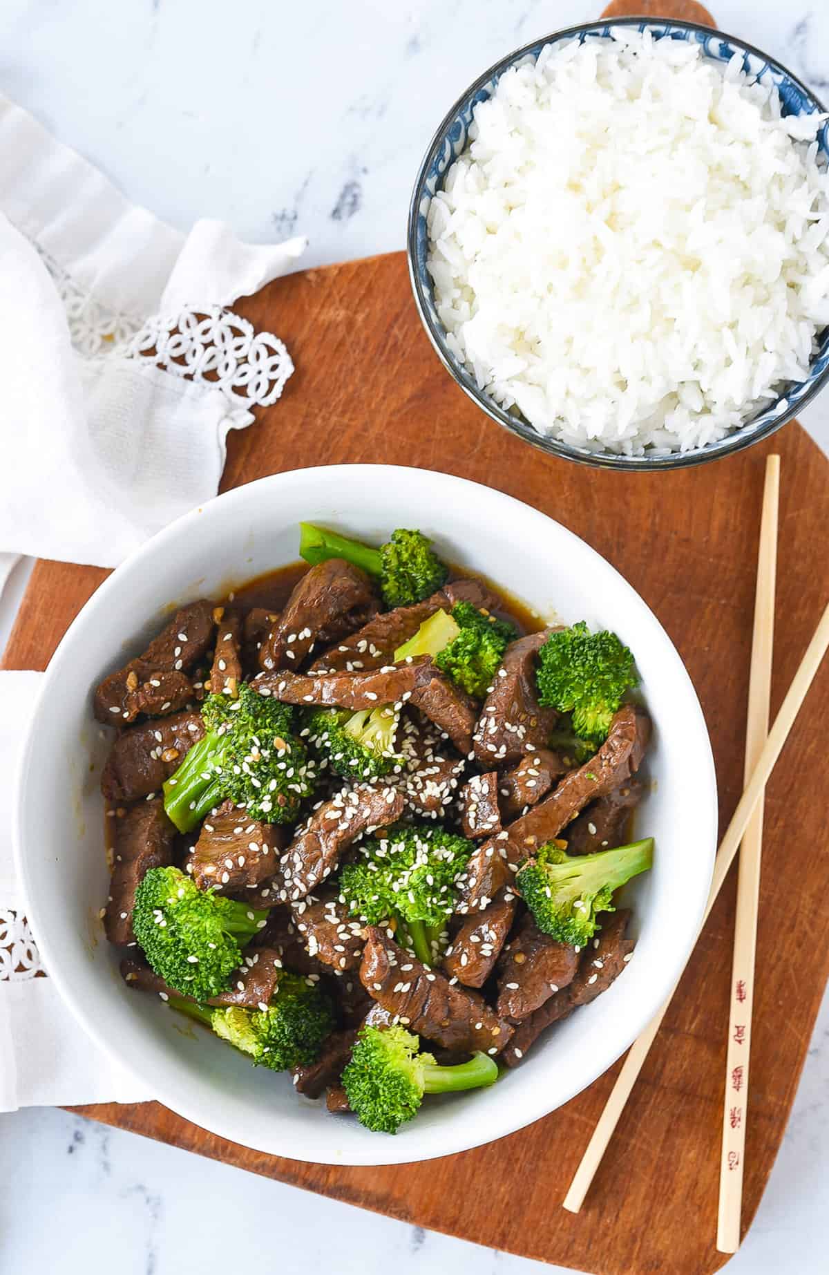 overhead shot of beef and broccoli and rice