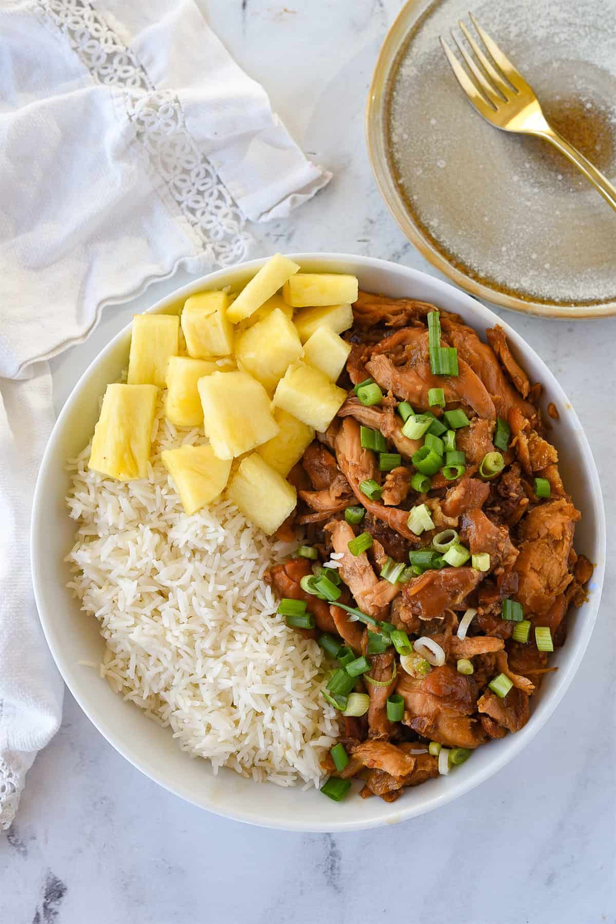 overhead shot of crock pot hawaiian chicken