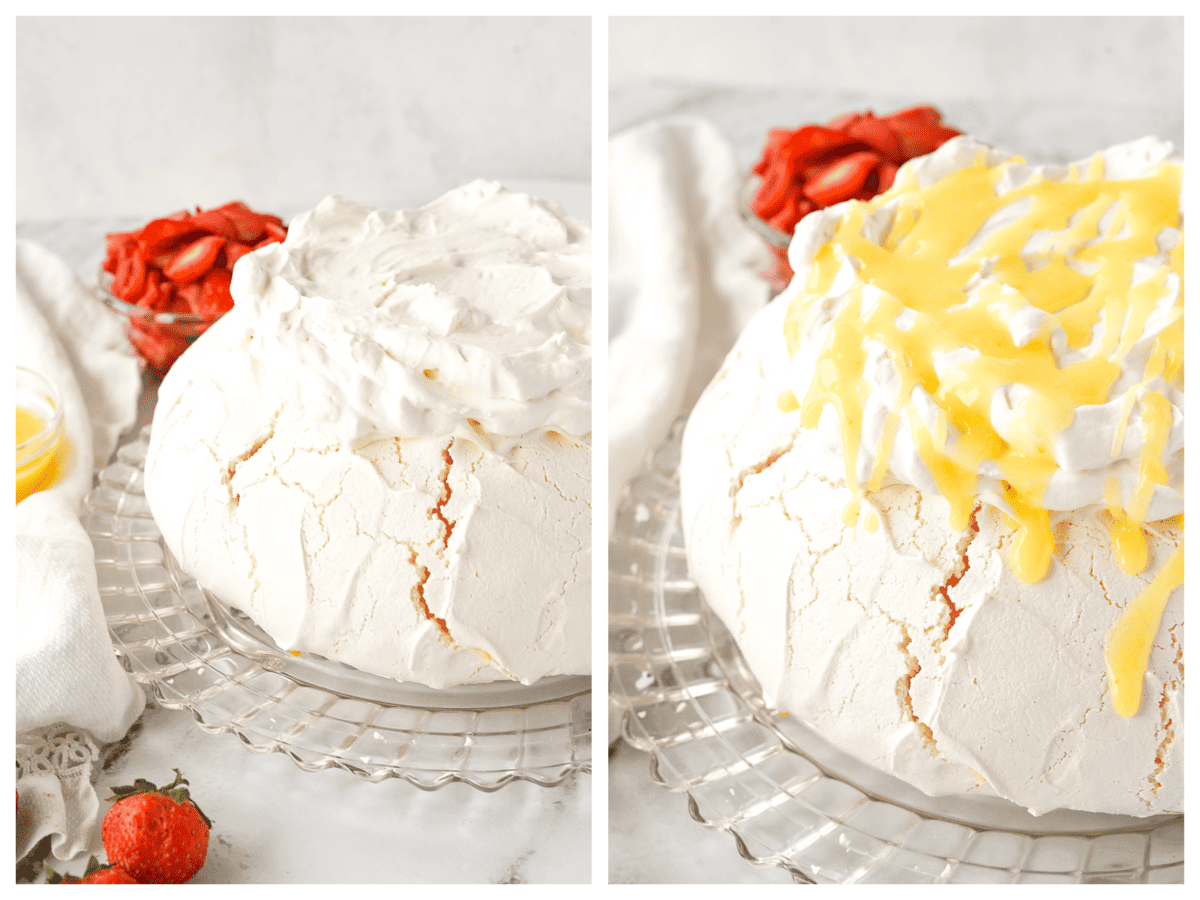 adding toppings to pavlova